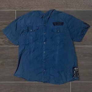2XL Fits like a XL Vintage Blue denim esque Harley Davidson button-up shirt